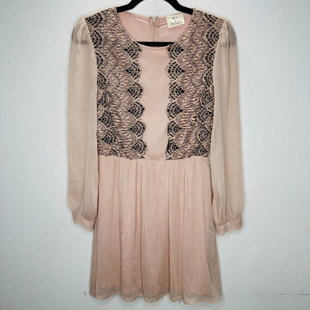 Pins and Needles Rose Tyrie and Black Lace Long Sleeve Lined Gauze Mini Dress 0